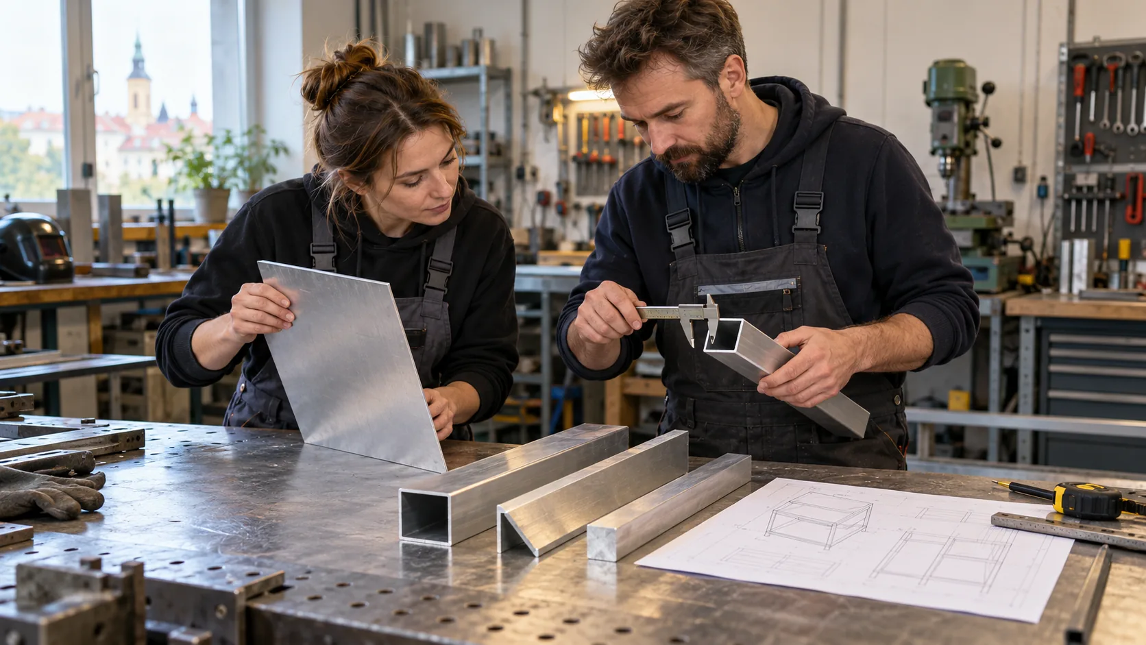 Projektanci porównują aluminiowe profile i blachy w warsztacie
