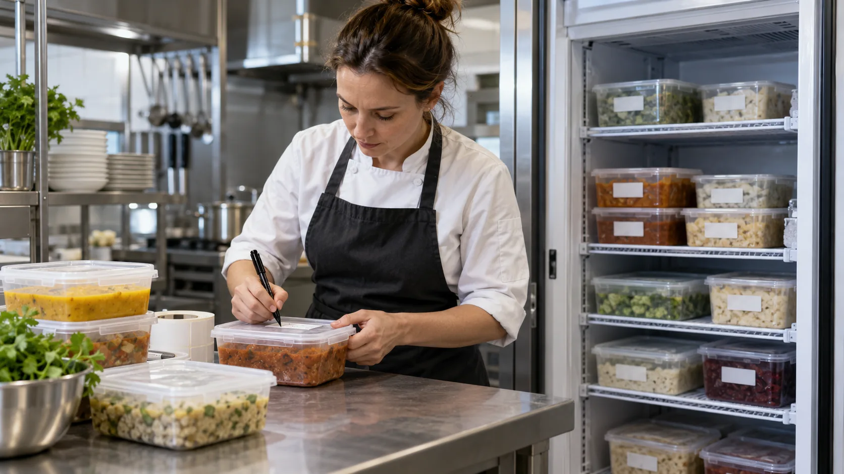 Pracownica gastronomii oznacza pojemniki przed włożeniem do zamrażarki