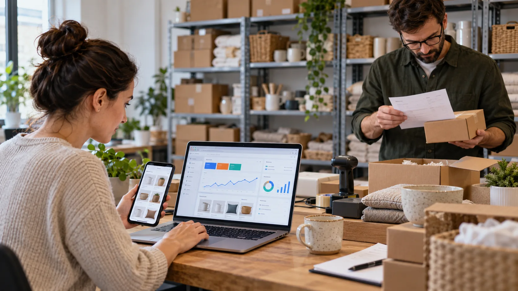 Zespół e-commerce sprawdza sklep i kampanię produktową na ekranach