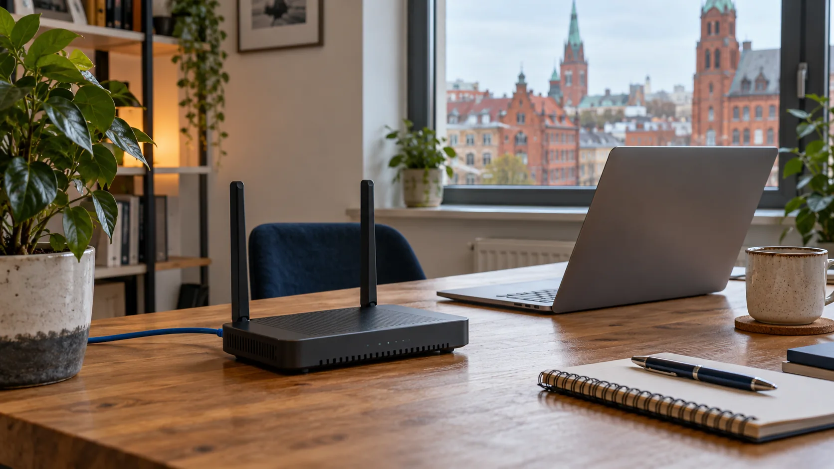 Router i laptop na biurku w szczecińskim mieszkaniu