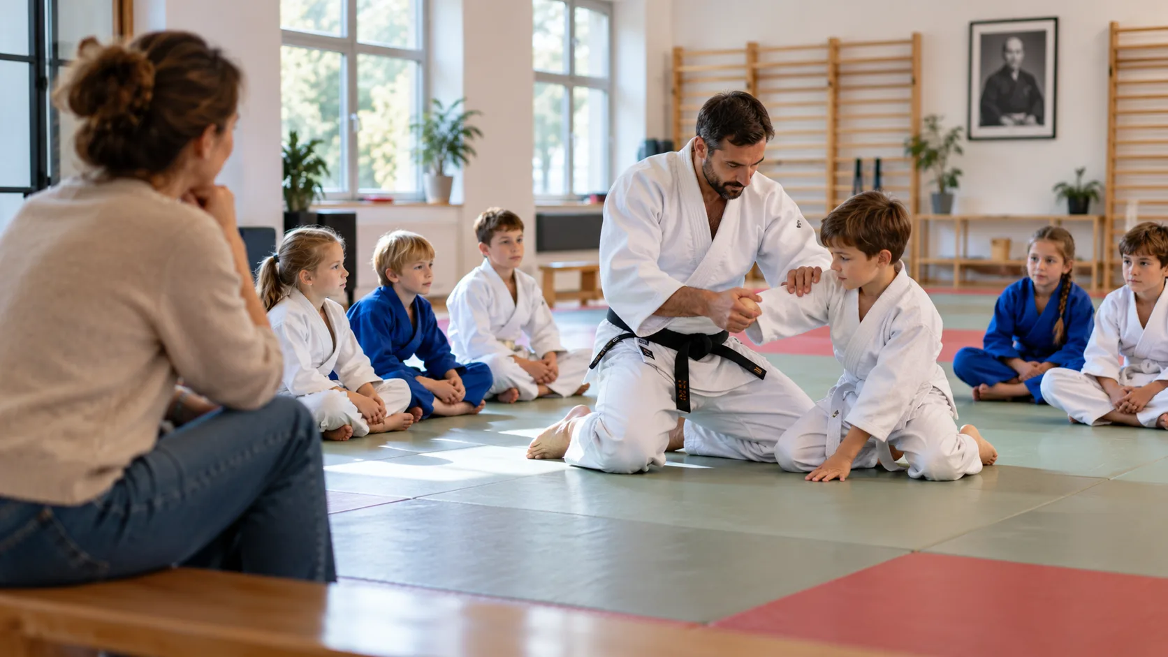 Rodzic obserwuje, jak instruktor prowadzi spokojną lekcję judo dla dzieci
