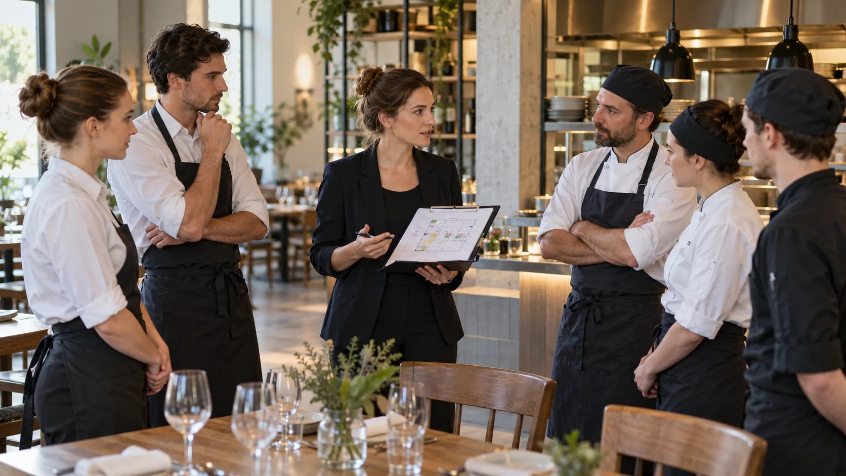 Kierowniczka prowadzi odprawę zespołu restauracji przed otwarciem