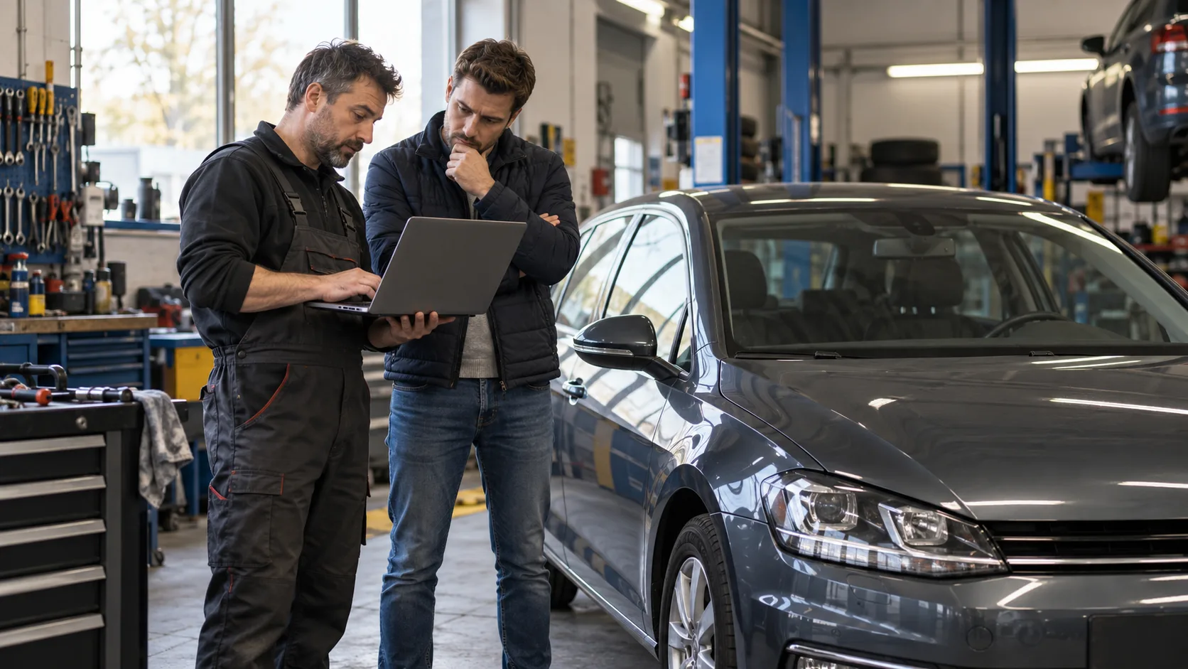 Mechanik i właściciel samochodu analizują diagnostykę przed zmianą oprogramowania sterownika
