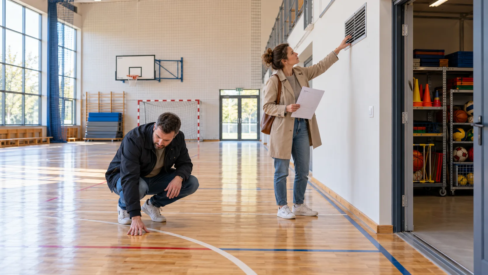 Najemcy sprawdzają podłogę i wentylację w sali sportowej