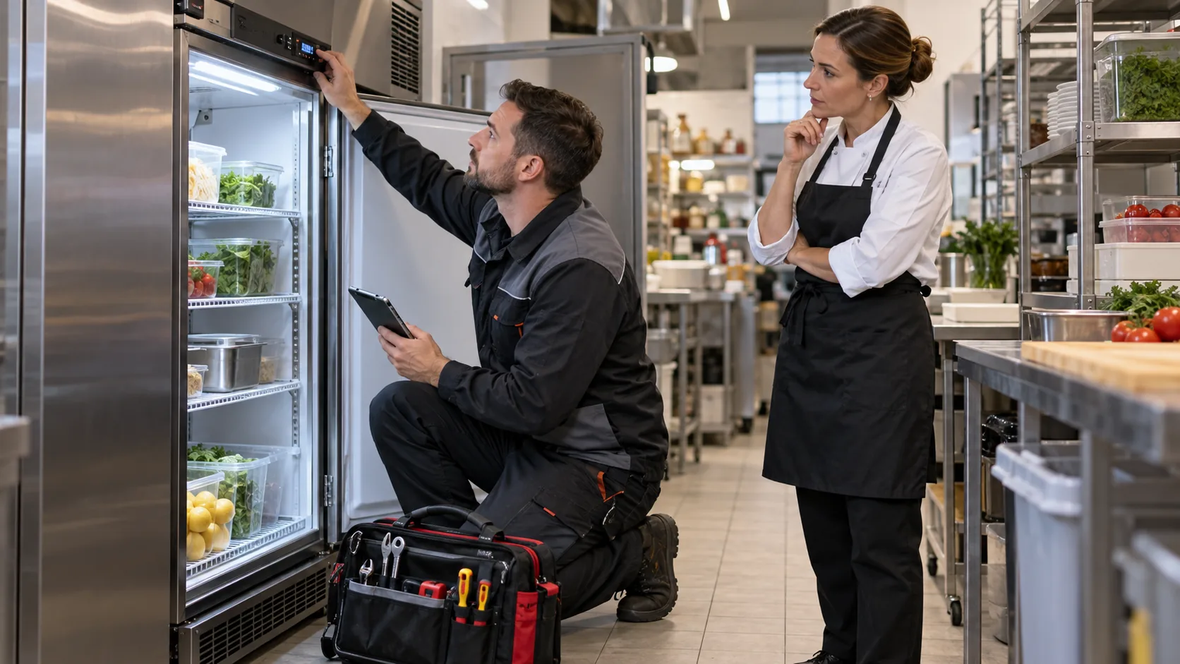 Technik sprawdza szafę chłodniczą na zapleczu restauracji
