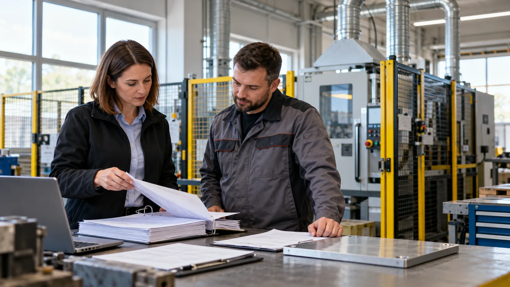 Koordynatorka i technik sprawdzają teczkę odbiorową przy ukończonej inwestycji w hali