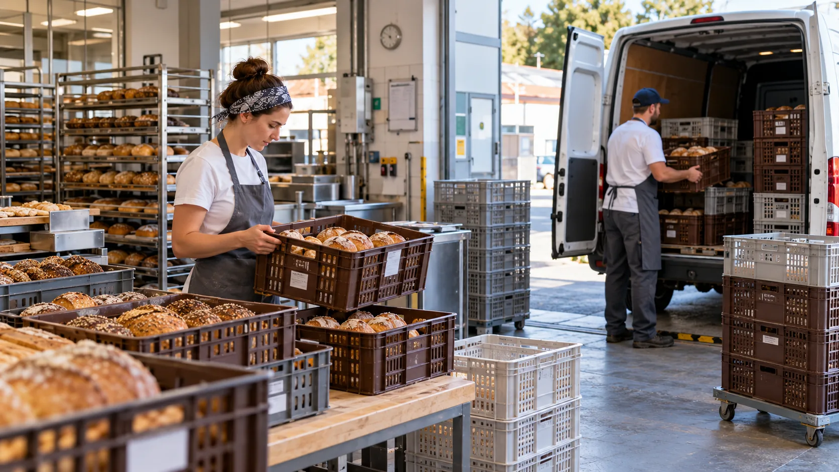 Pracownicy piekarni kompletują wypieki w skrzynkach transportowych