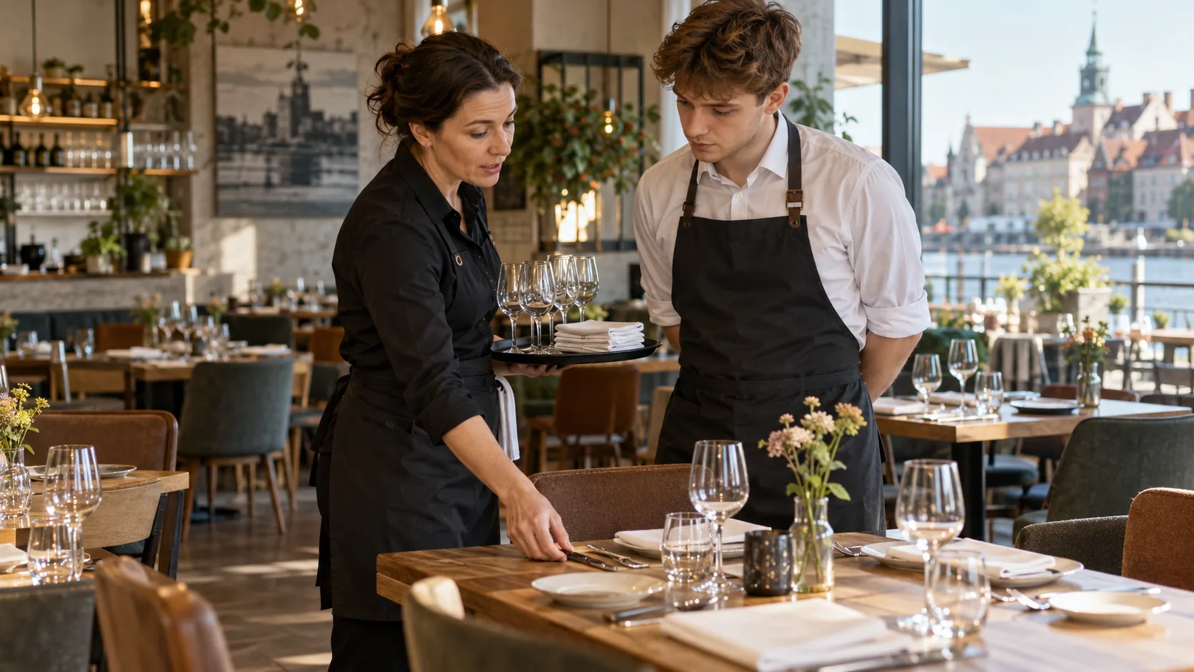 Manager restauracji szkoli nowego kelnera przed otwarciem sali
