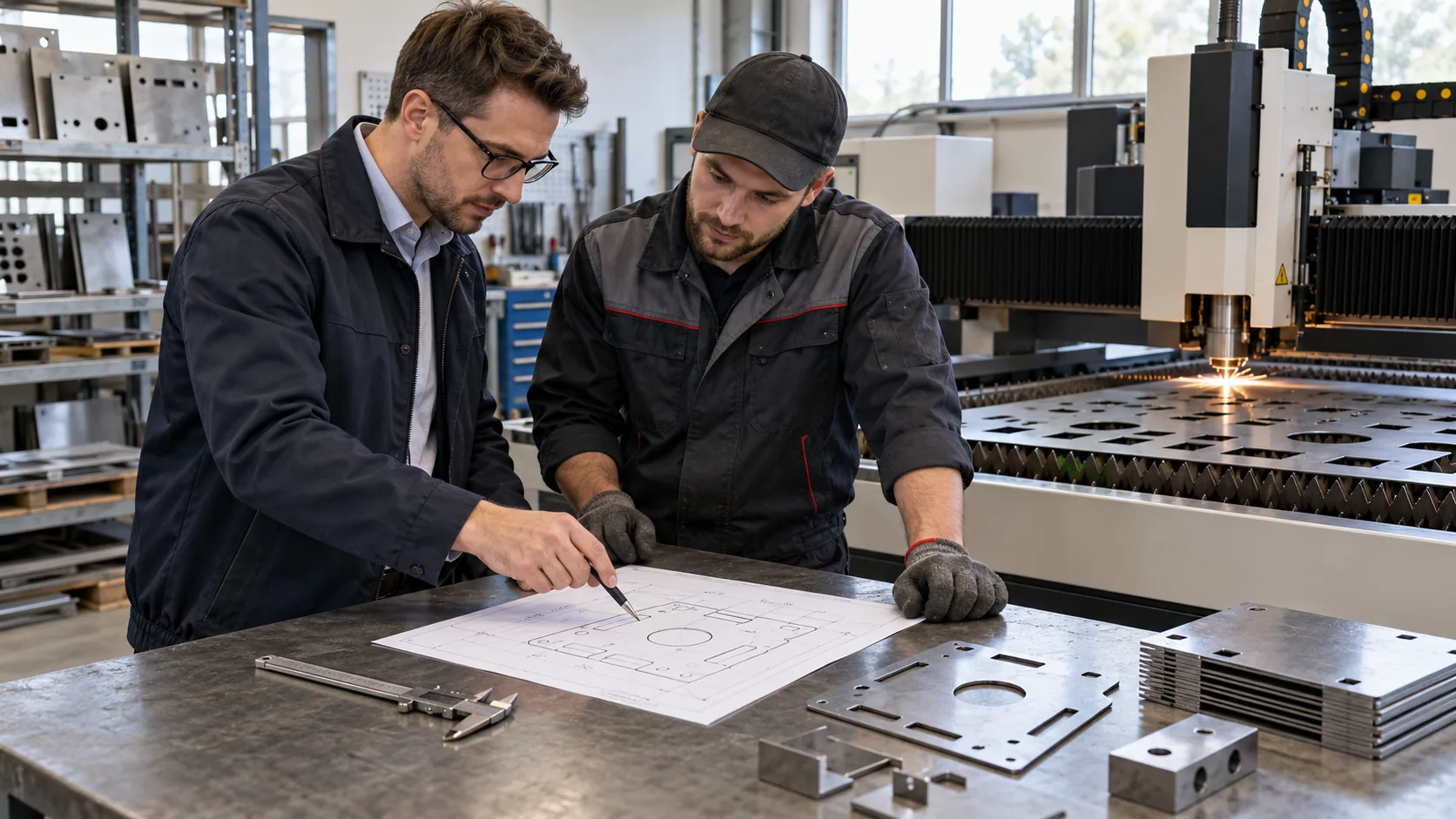Inżynier i operator analizują rysunek detalu przy wycinarce CNC